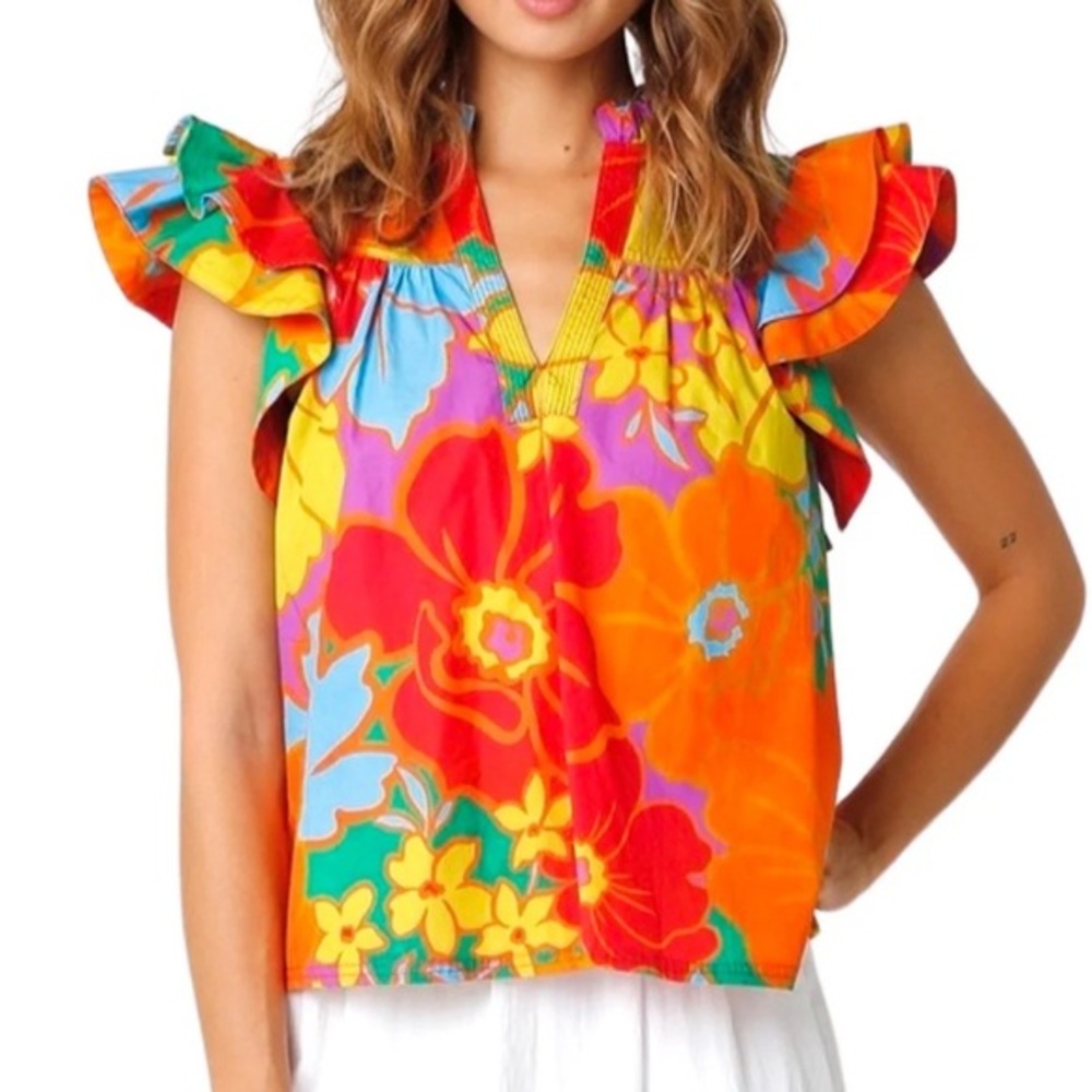 Colorful Floral Ruffle Blouse size M like new condition